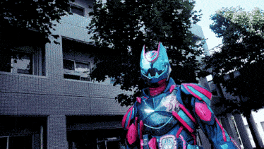 a man in a purple and blue costume stands in front of a building
