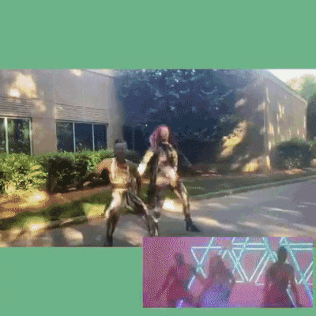 a group of people are dancing in front of a building with the letter x on it