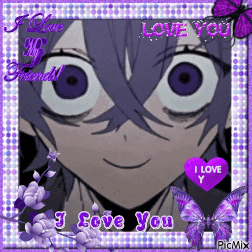 a picture of a girl with purple hair and a heart that says " i love you "