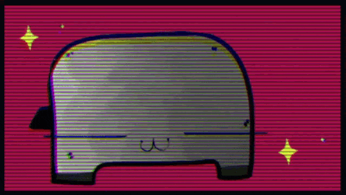 a cartoon drawing of a toaster oven on a pink background with a glitch effect .