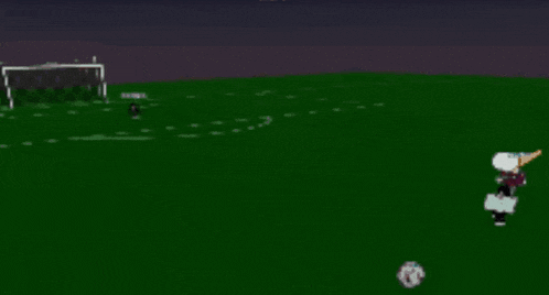 a cartoon of a person kicking a soccer ball with a goal in the background