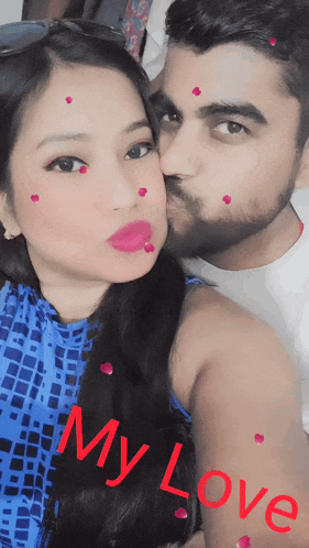 a man kisses a woman on the cheek with the words " my love " in red