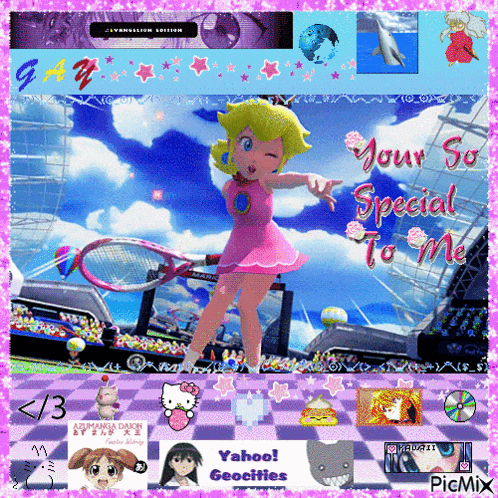 a picture of peach holding a tennis racquet with the words your so special to me