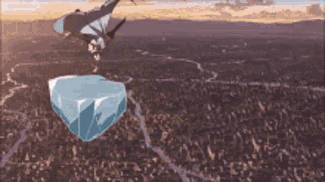an aerial view of a city with a lightning bolt coming out of it