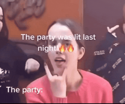 a woman in a red sweater says the party was lit last night and the party