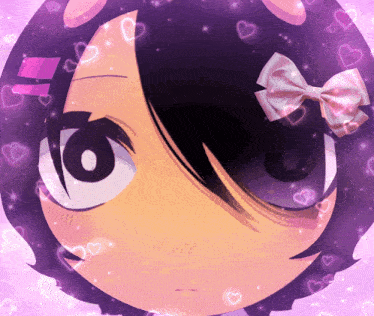 a girl with a pink bow in her hair is surrounded by hearts