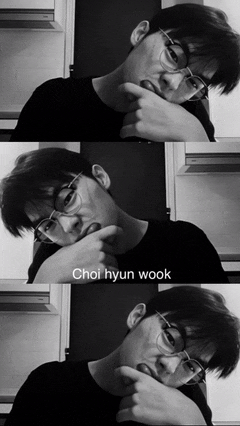 a black and white photo of a young man wearing glasses with the caption choi hyun wook