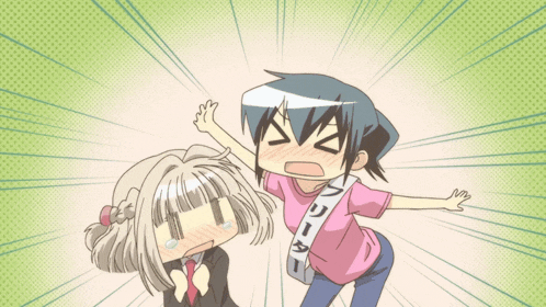a girl in a pink shirt has a banner that says " フリーター "