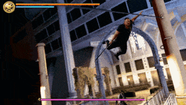 a man is flying through the air in a video game while holding a stick