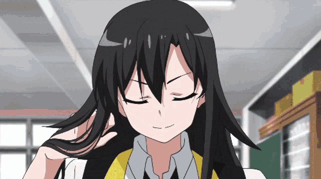 a girl with long black hair has her eyes closed and is wearing a yellow vest