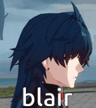 a close up of a person 's face with the word blair written on it .
