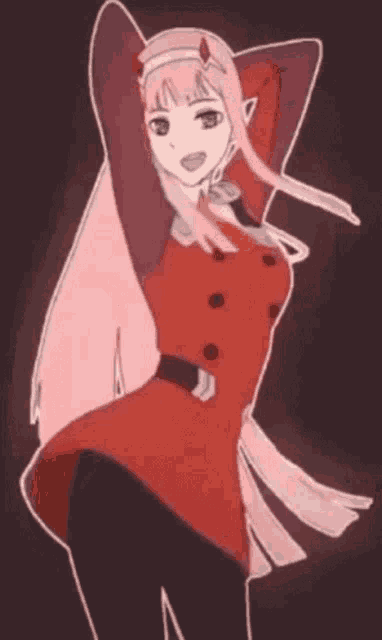zero two from darling in the franxx is dancing in a red dress and black pants .