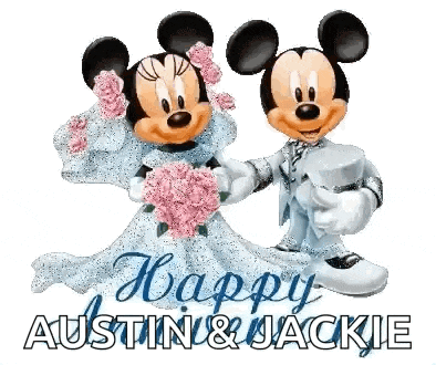 mickey mouse and minnie mouse are dressed as a bride and groom and holding flowers .