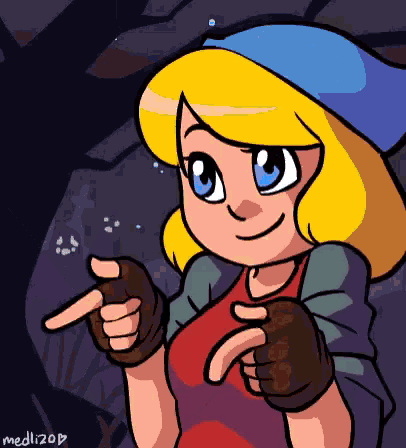 a cartoon drawing of a girl pointing at the camera with the name medlizop on the bottom
