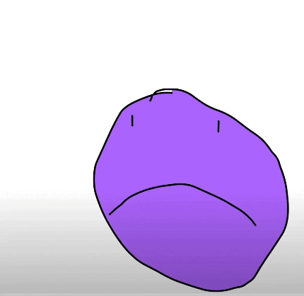 a drawing of a purple ball with a sad face
