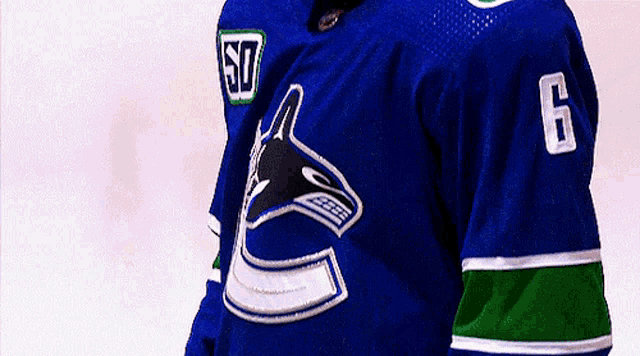 a hockey player wears a blue jersey with the number 6 on it