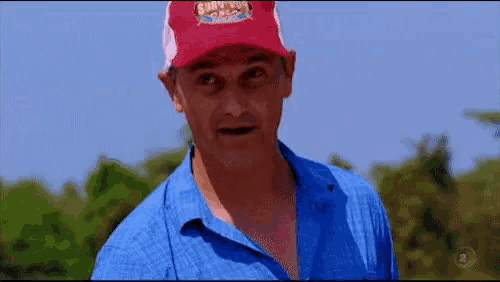 a man wearing a red and white baseball cap and a blue shirt is standing in a field .