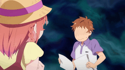a girl in a straw hat looks at a boy holding a piece of paper