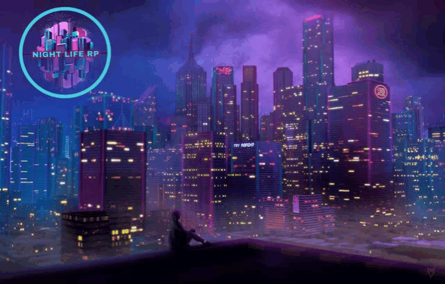 a night life rp logo is displayed over a city skyline