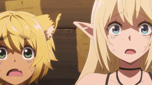 a girl with a cat ear is standing next to a blonde girl with a surprised look on her face