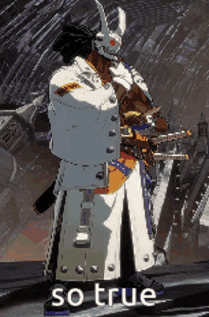 a man in a bunny mask is holding a sword in a video game with the words so true below him