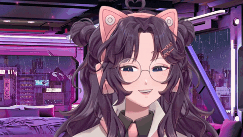 a girl with cat ears and glasses is smiling in a room
