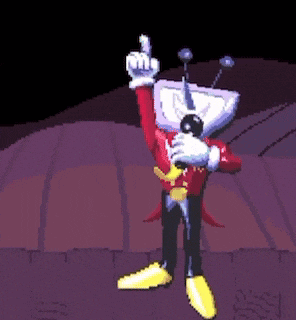 a pixel art drawing of a robot holding a gun and a microphone .