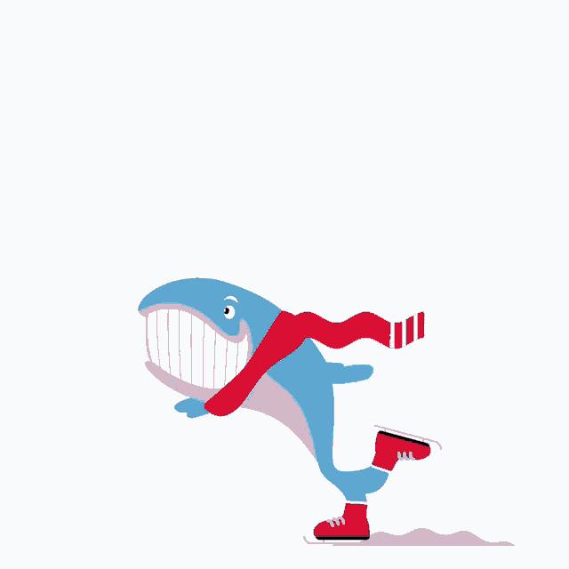 a blue whale with a scarf around its neck is wearing red ice skates