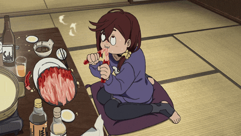 a cartoon drawing of a girl sitting on a pillow eating food