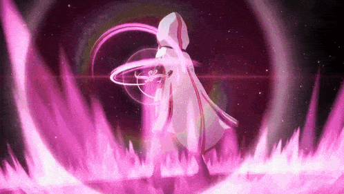 a woman in a white cape is surrounded by pink flames and a purple light .