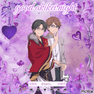 a couple of anime characters standing next to each other with the words good akikei night above them