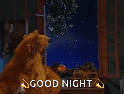 a brown bear sitting in front of a window with a smiling moon behind it and the words good night