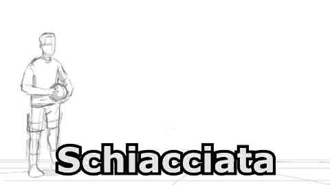 a black and white drawing of a man holding a volleyball with the word schiacciata in the background .