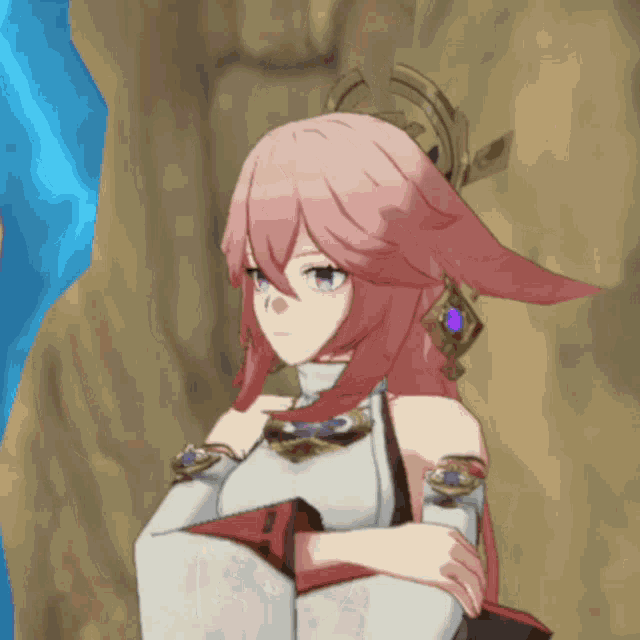 a girl with pink hair and blue eyes is standing in front of a wall