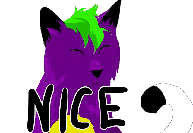 a purple cat with green hair has the word nice written on it