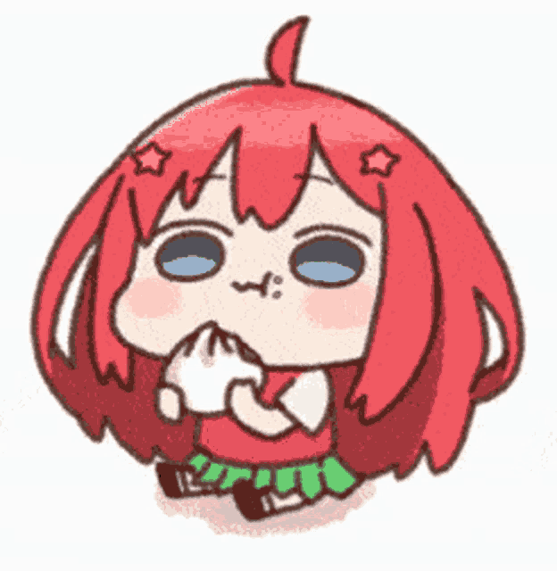 a cartoon of a girl with red hair and blue eyes covering her mouth .