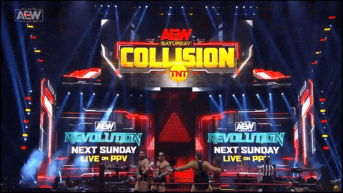 a wrestler is standing in front of a collision sign