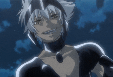 a cartoon character with white hair and a necklace