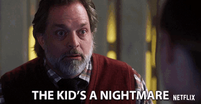 a man with the words the kid 's a nightmare netflix behind him