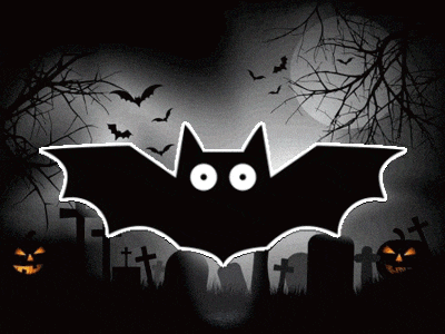 a black bat with white eyes is in a cemetery surrounded by pumpkins