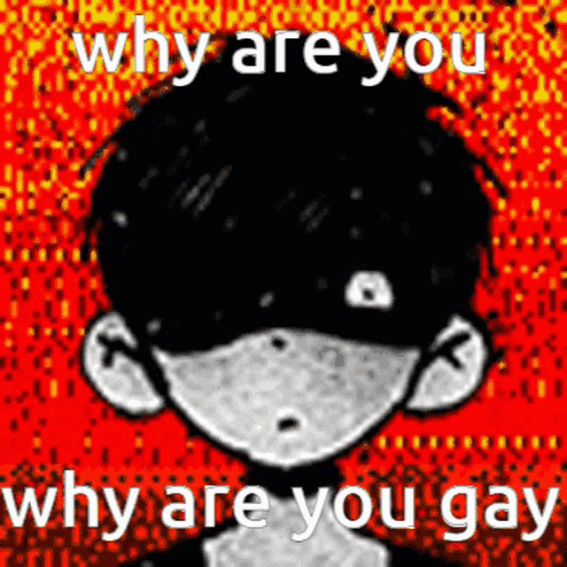 a black and white drawing of a boy with the words `` why are you why are you gay '' on a red background .