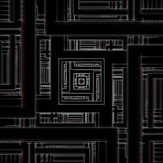 a black and white geometric pattern with a red and blue background