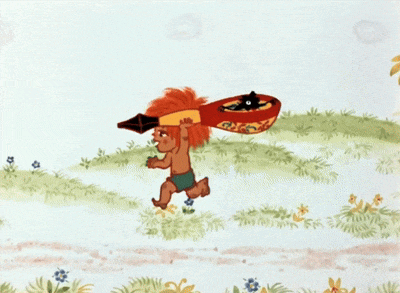a cartoon drawing of a boy carrying a rocket on his head