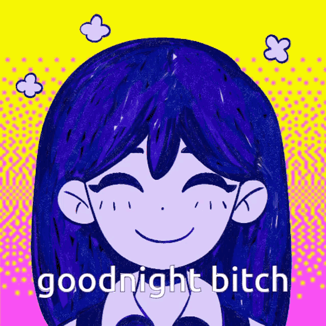 a drawing of a girl with blue hair and the words goodnight bitch above her head