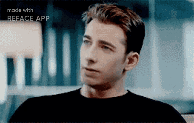 a man in a black shirt is looking at the camera with the words made with reface app below him