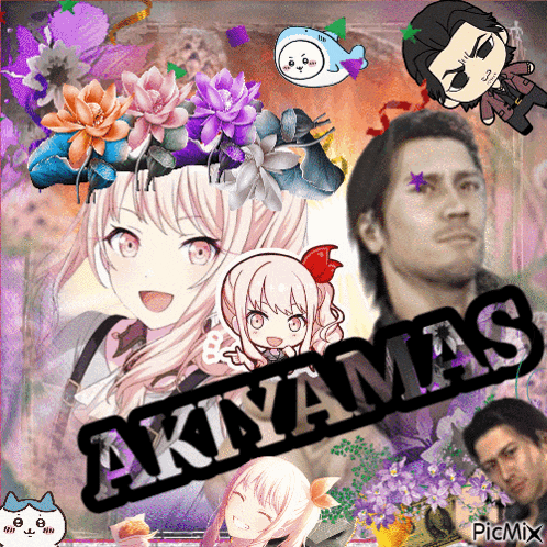 a collage of anime characters with akiyamas written in black