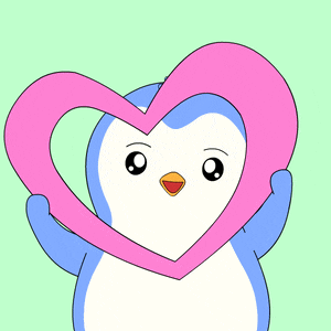 a penguin is holding a pink heart in front of its face