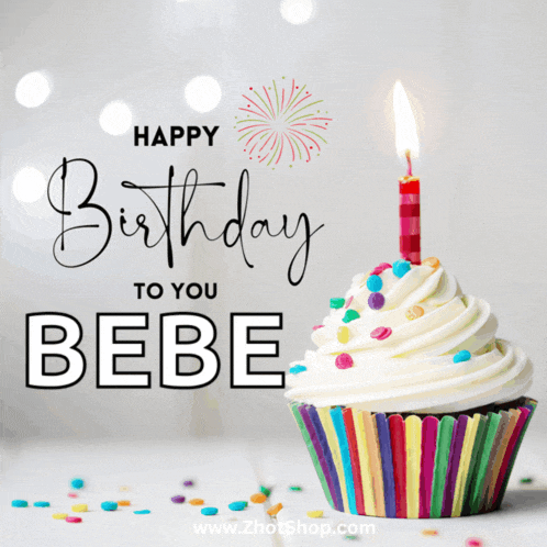 a cupcake with a lit candle and the words happy birthday to you bebe on it