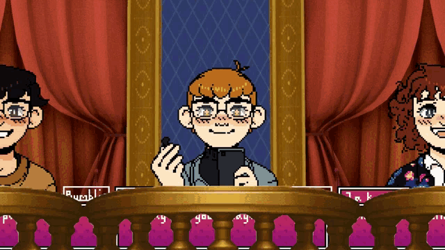 a pixel art drawing of a boy holding a cell phone in front of a curtain
