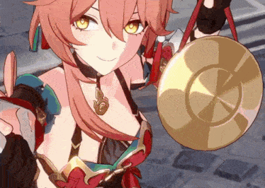 a girl with red hair and yellow eyes is holding a gold object